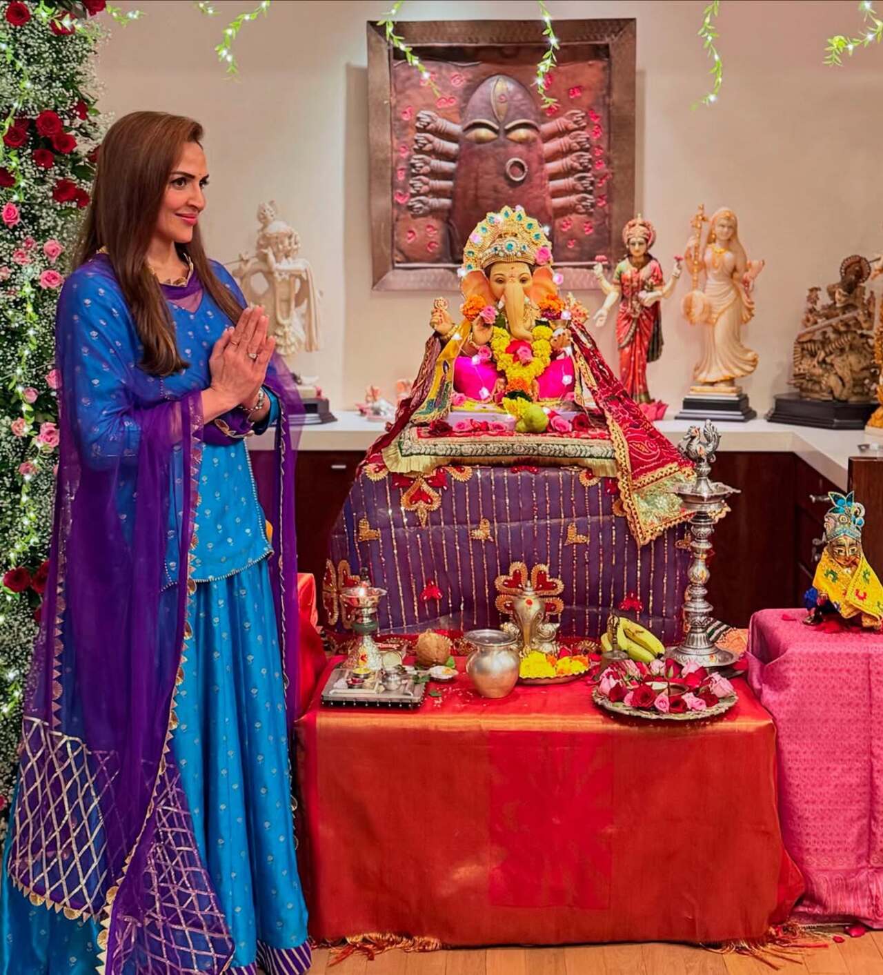 Esha Deol opted for elegant and sophisticated look this festive season. She wore a blue lehenga choli with a purple gopta patti-embroidered dupatta. She rounded off the look with a bracelet watch, bangles, and diamond rings.